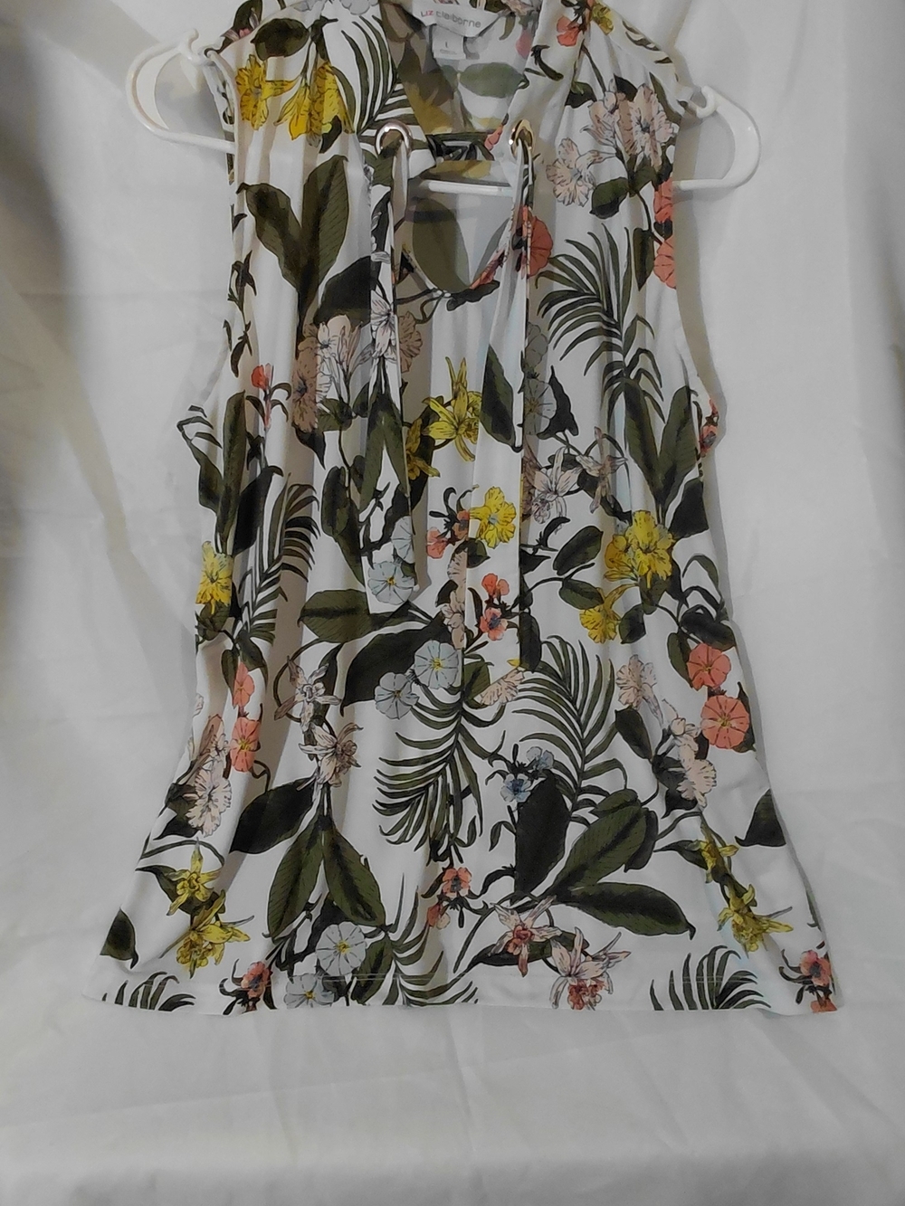 Liz Claiborne White Floral Tie-Neck Camisole with Green, Yellow & Coral Accents